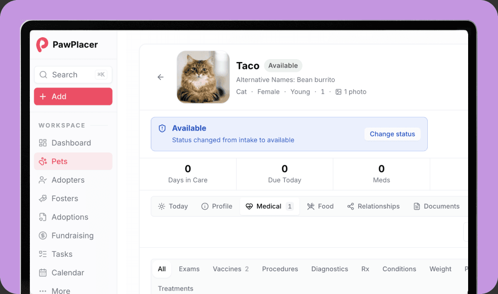 PawPlacer pet profile with medical records