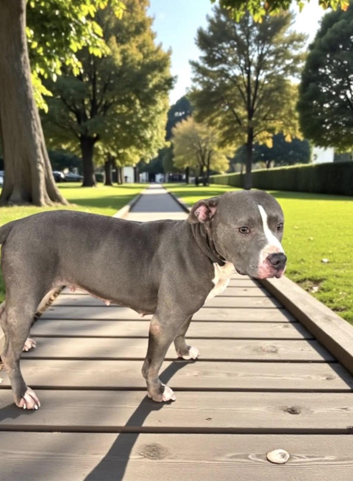 A young medium-sized female Gray / Blue / Silver Pit Bull Terrier dog named Moo Moo for adoption in Allen, TX