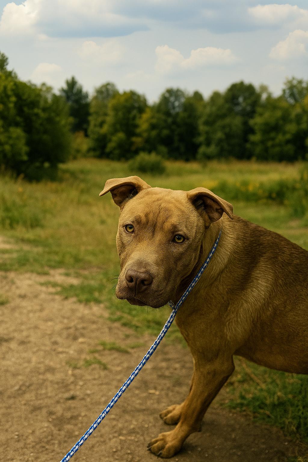 A young medium-sized male Brindle Pit Bull Terrier dog named Redman for adoption in Holly Springs, MS