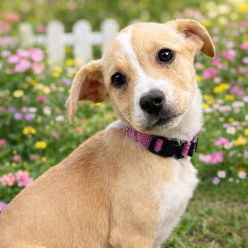 A baby medium-sized female Yellow / Tan / Blond / Fawn Pit Bull Terrier dog named Scarlett for adoption in Cypress, TX