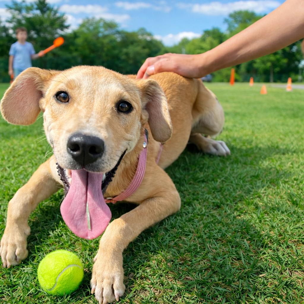 A young medium-sized female Apricot / Beige Labrador Retriever dog named Croqueta for adoption in Austin, TX