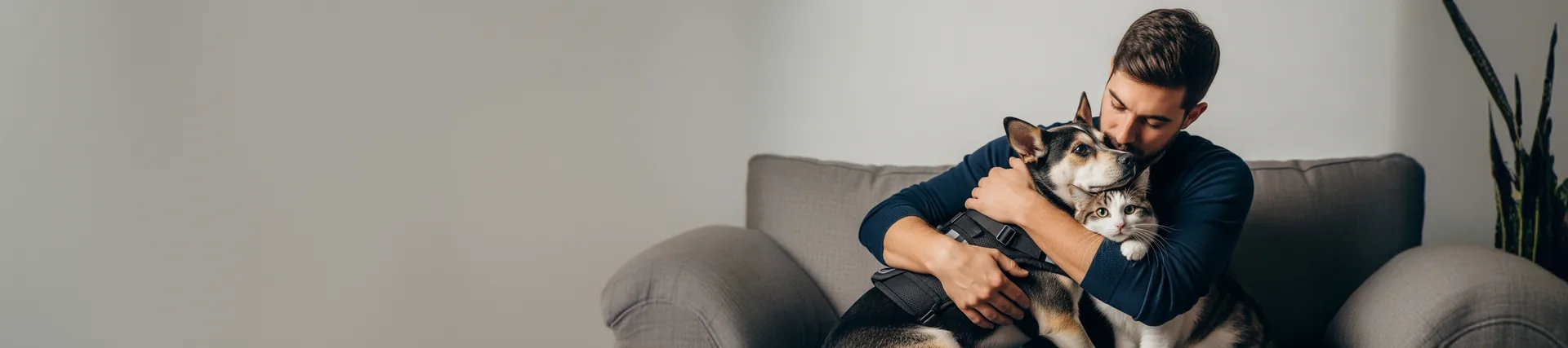 A man hugging his dog outdoors